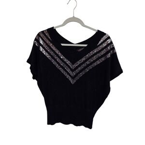 FREENICA Black Sequin Top V Neck Short Sleeve Party Blouse Medium‎